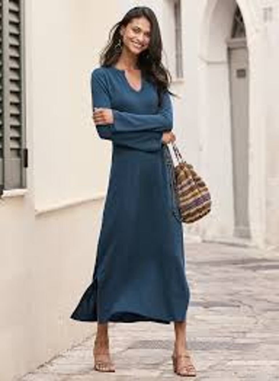 PERUVIAN CONNECTION Valente Dress Naples Blue Long Sleeve Lightweight Sweater S